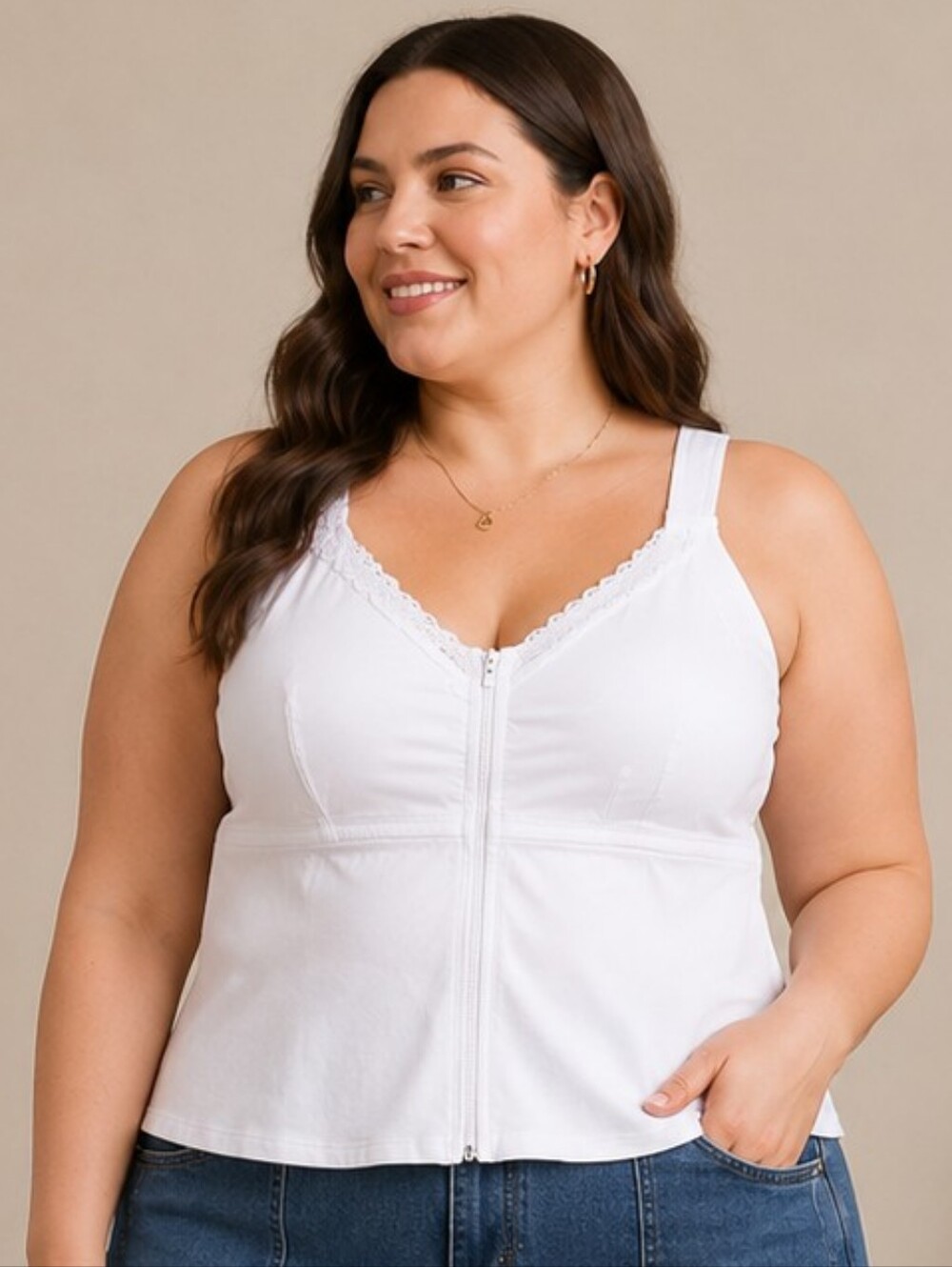 Zip-Front Post Surgery Tank/Bra- Mastectomy, Pocket For Drains, Size XL
